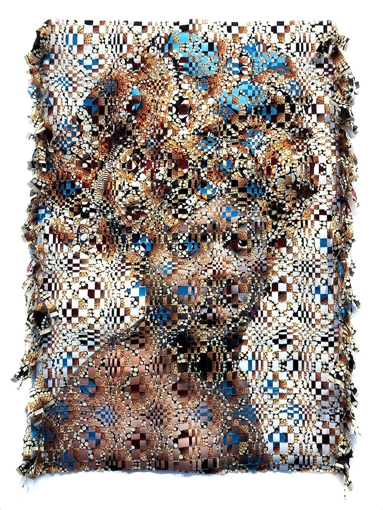 Archival pigment print hand woven with wax print fabric by Kyle Meyer